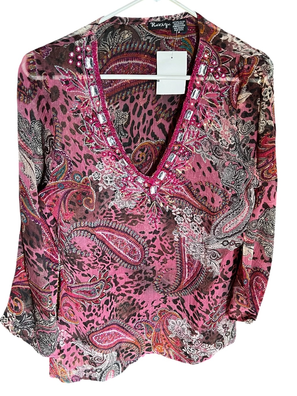 NWT Raviya Pink Paisley Sheer Beaded Sequin Embellished V-Neck Women's Top M
